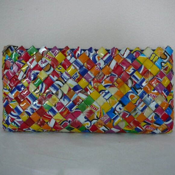 Handmade Vintage Recycled Gum/Candy/Juice Wrappers Clutch- Blue Zipper Closure - Picture 1 of 4